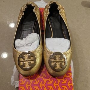 SOLD - Tory Burch gold distressed leather reva flats